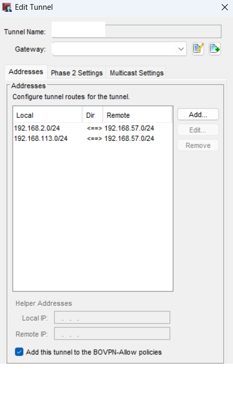 WatchGuard Tunnel Route configuration showing two local networks connected to one remote network.