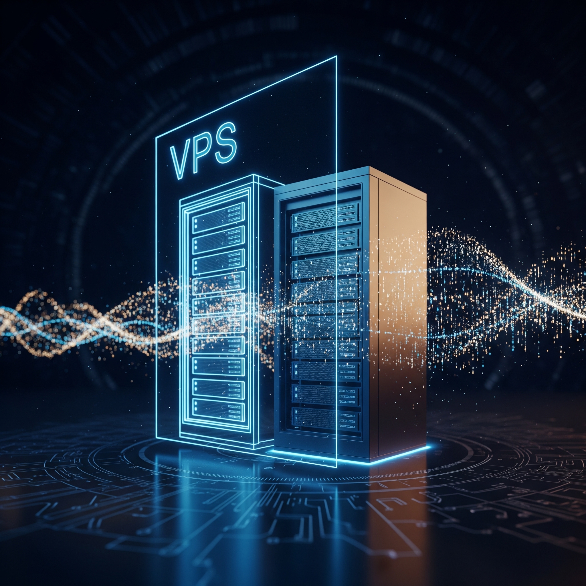 A glowing digital tree representing a growing project breaking out of a glass cube labeled 'VPS', signifying the need for an upgrade.