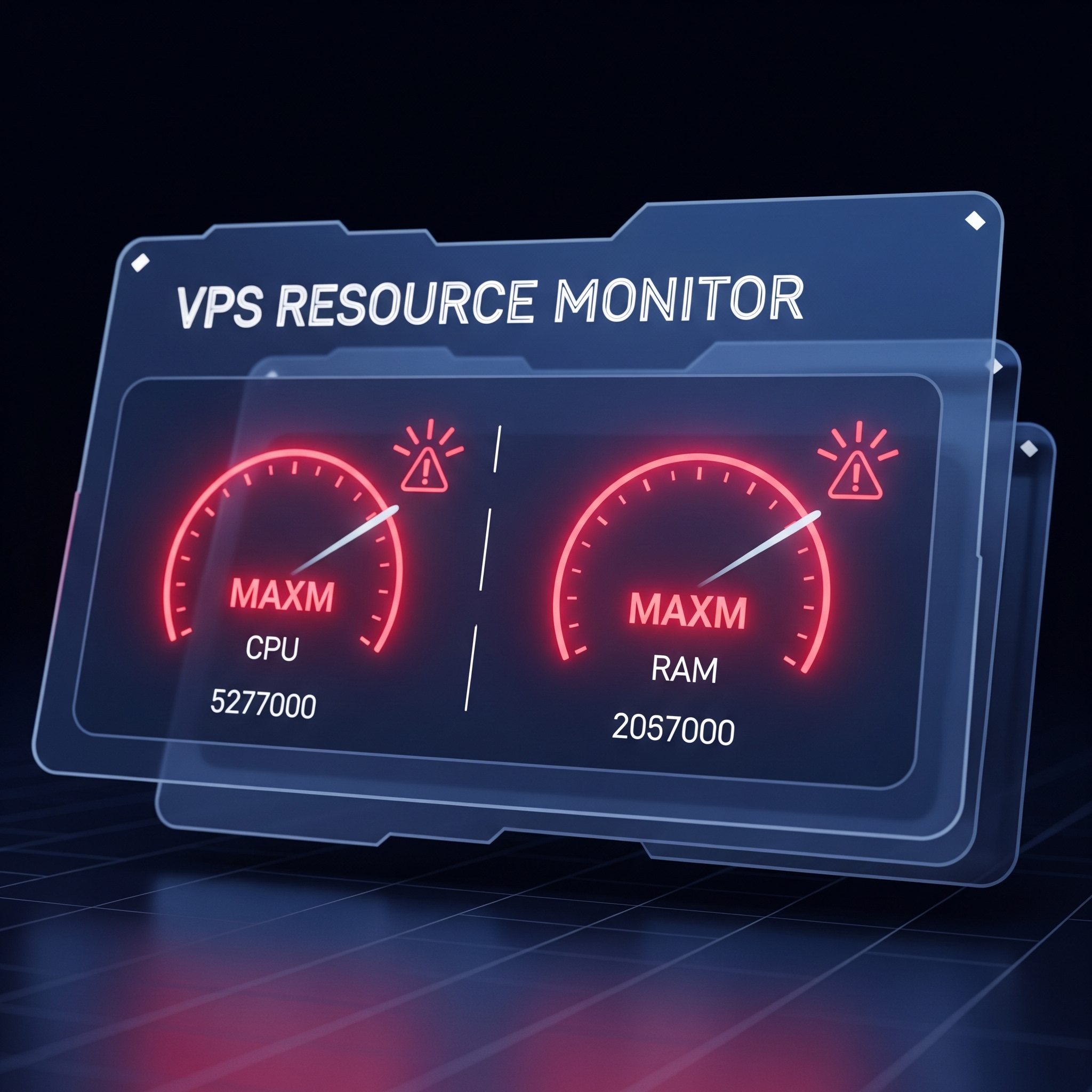 A sleek, dark-mode server dashboard UI with CPU and RAM usage meters glowing red, indicating that resources are maxed out.