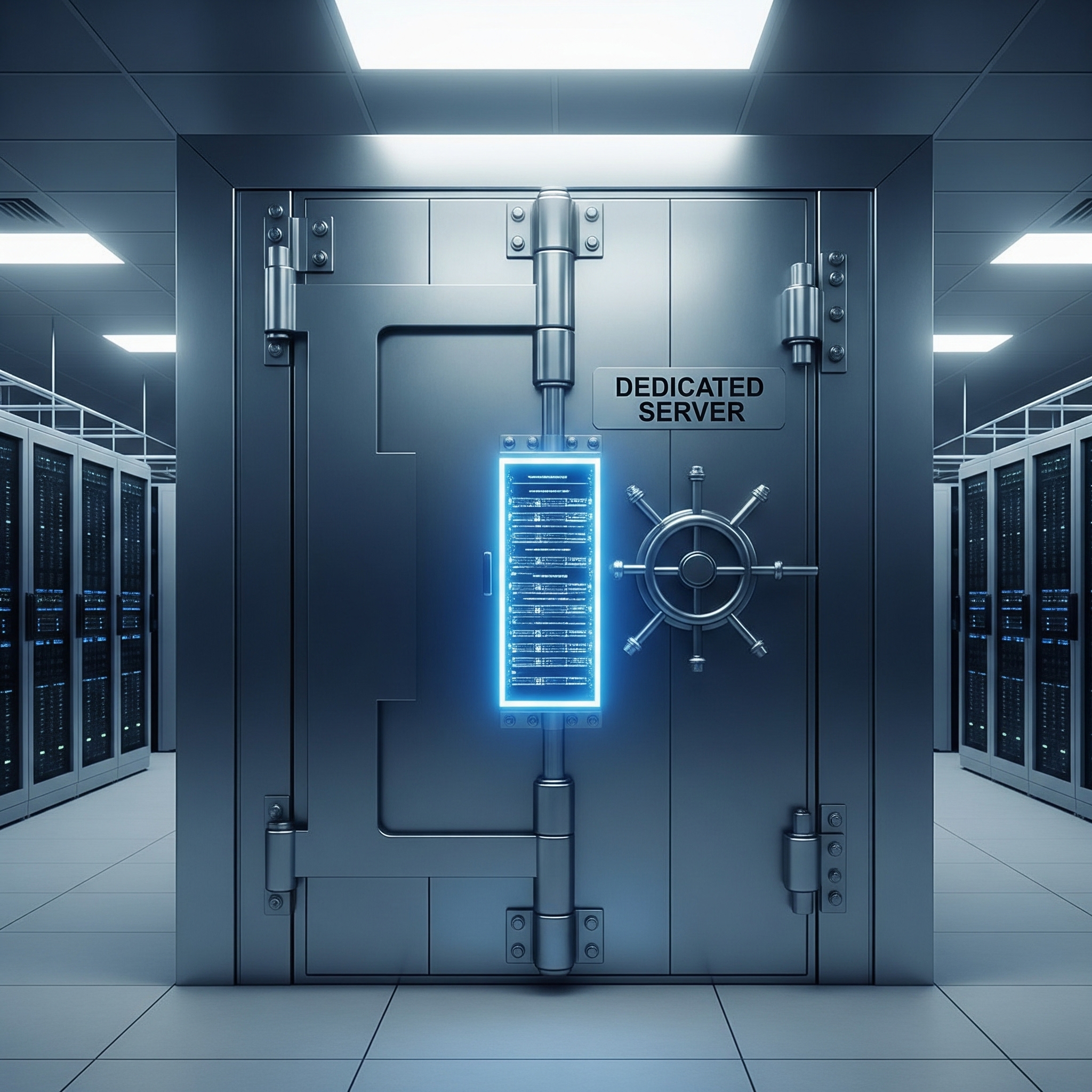 A single server rack in a clean data center, enveloped by a glowing blue shield, representing total security and isolation.